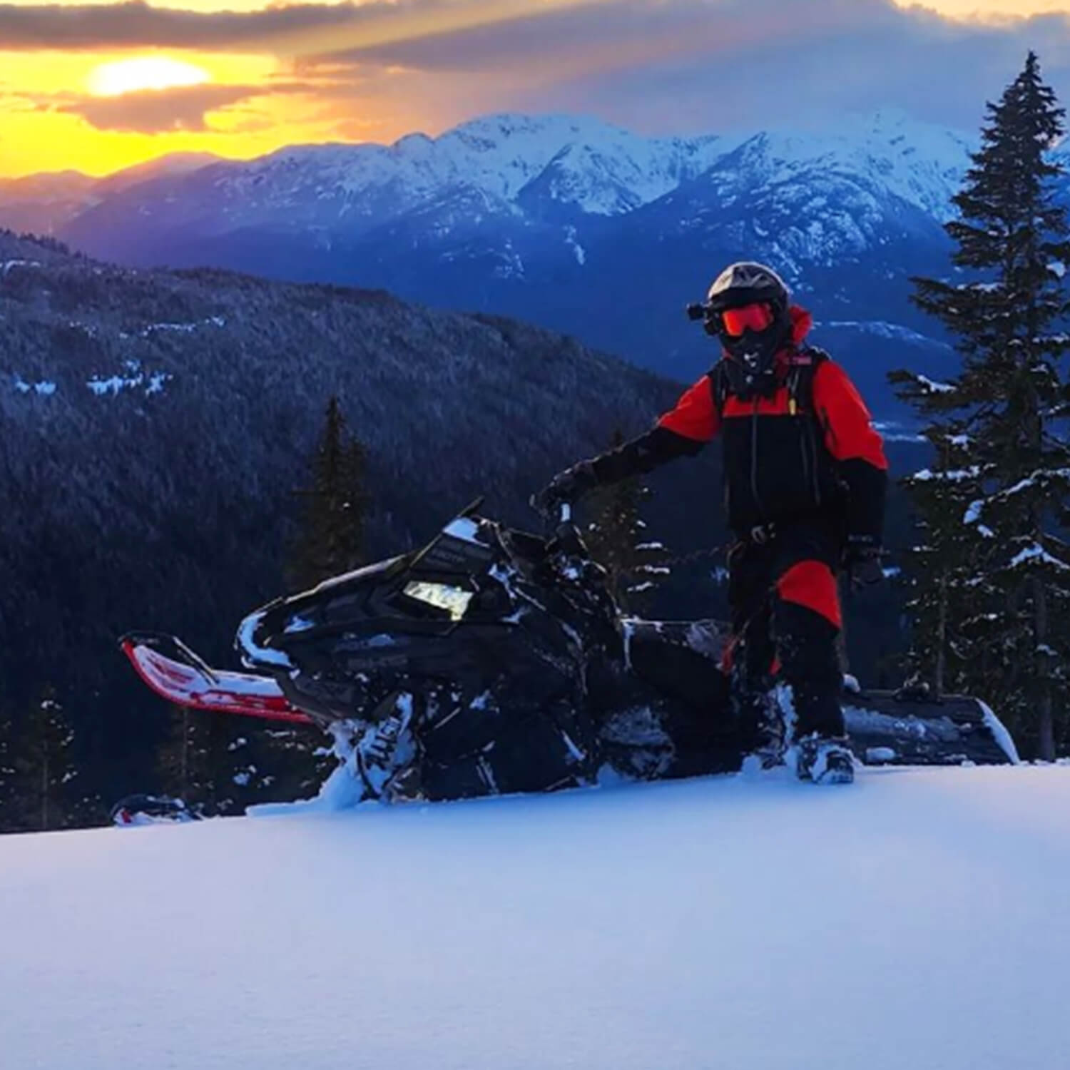 Brody Fourchalk professional backcountry snowmobiler with snowmobile and C&A Pro skis