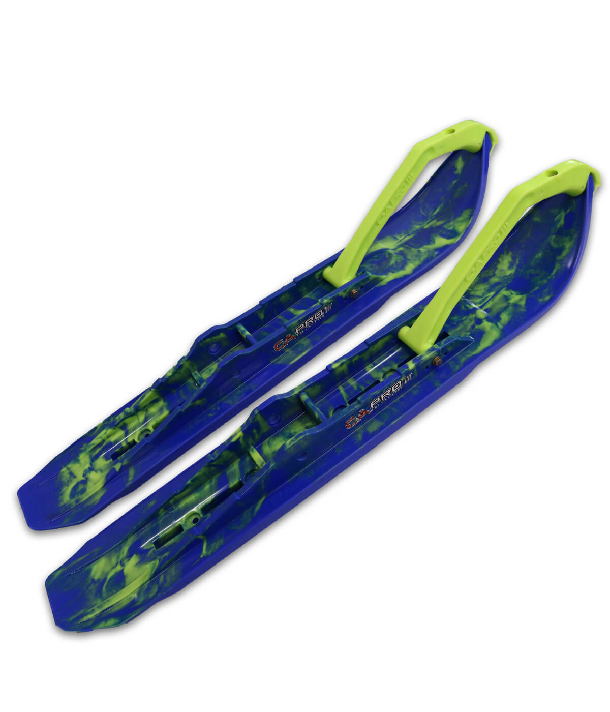 Blue XCS crossover skis with Lime Green accent and Lime Green handles