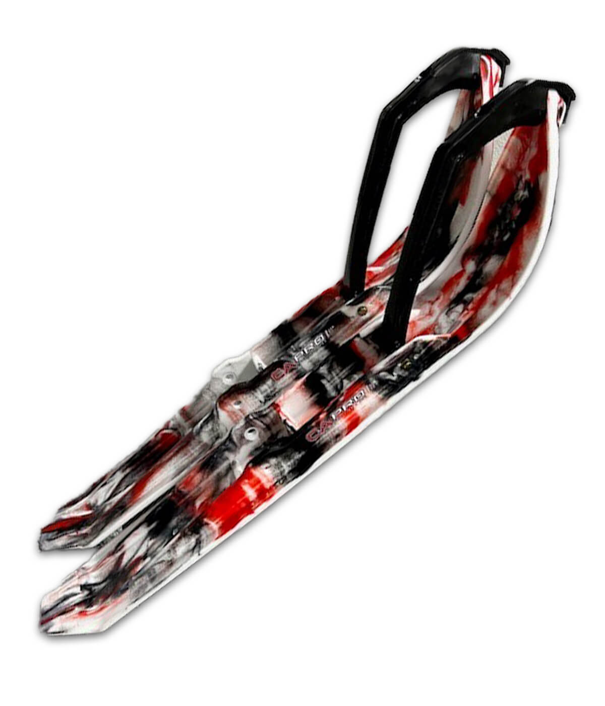 Custom white XPT skis with red and black accents and black handles