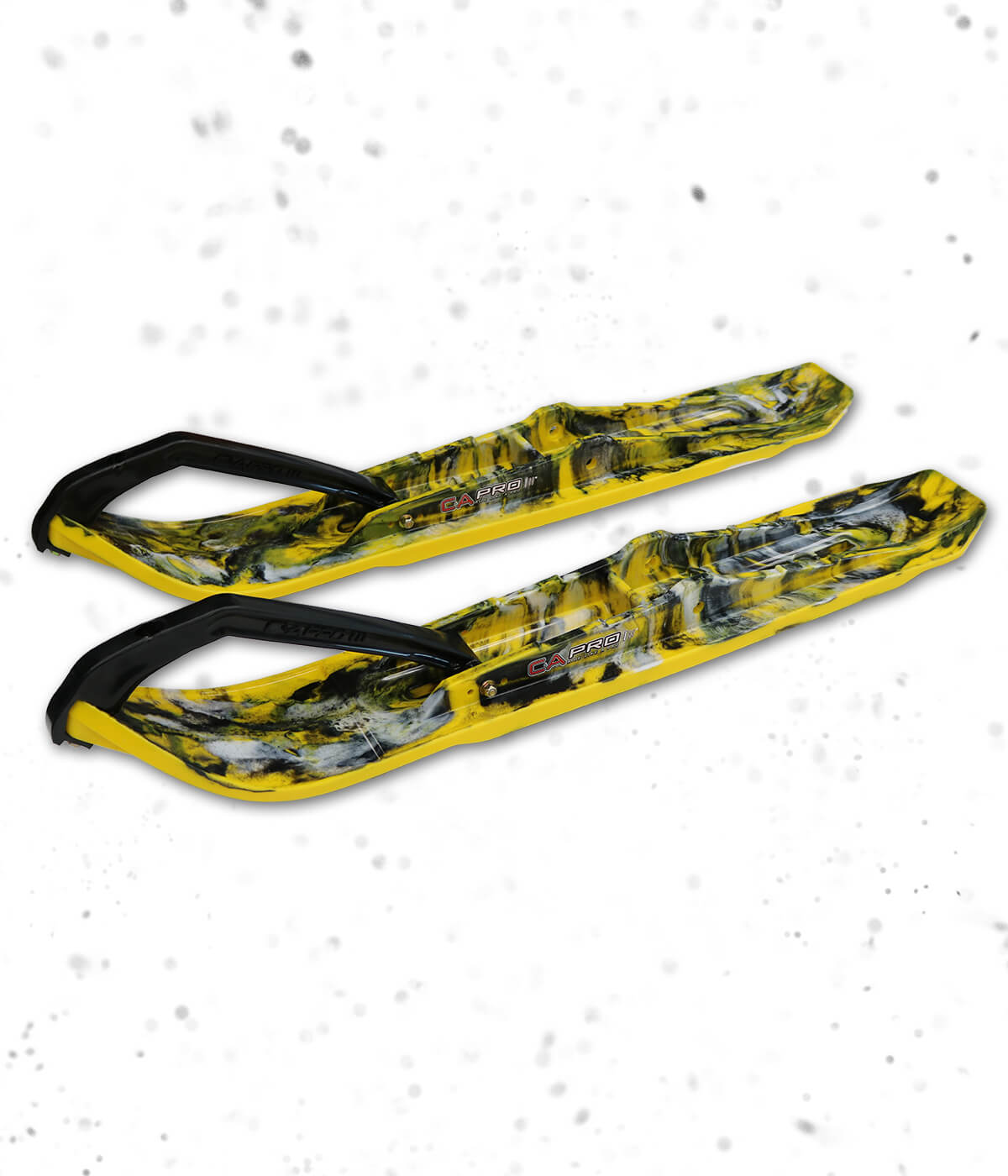 C&A Pro custom XPT trail skis with yellow base, black and white accents and black handles