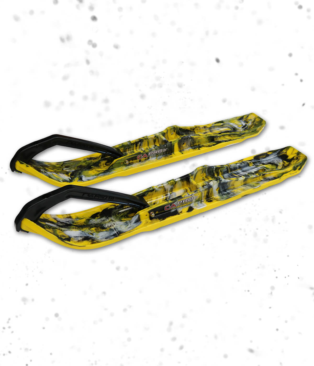 C&A Pro custom XPT trail skis with yellow base, black and white accents and black handles