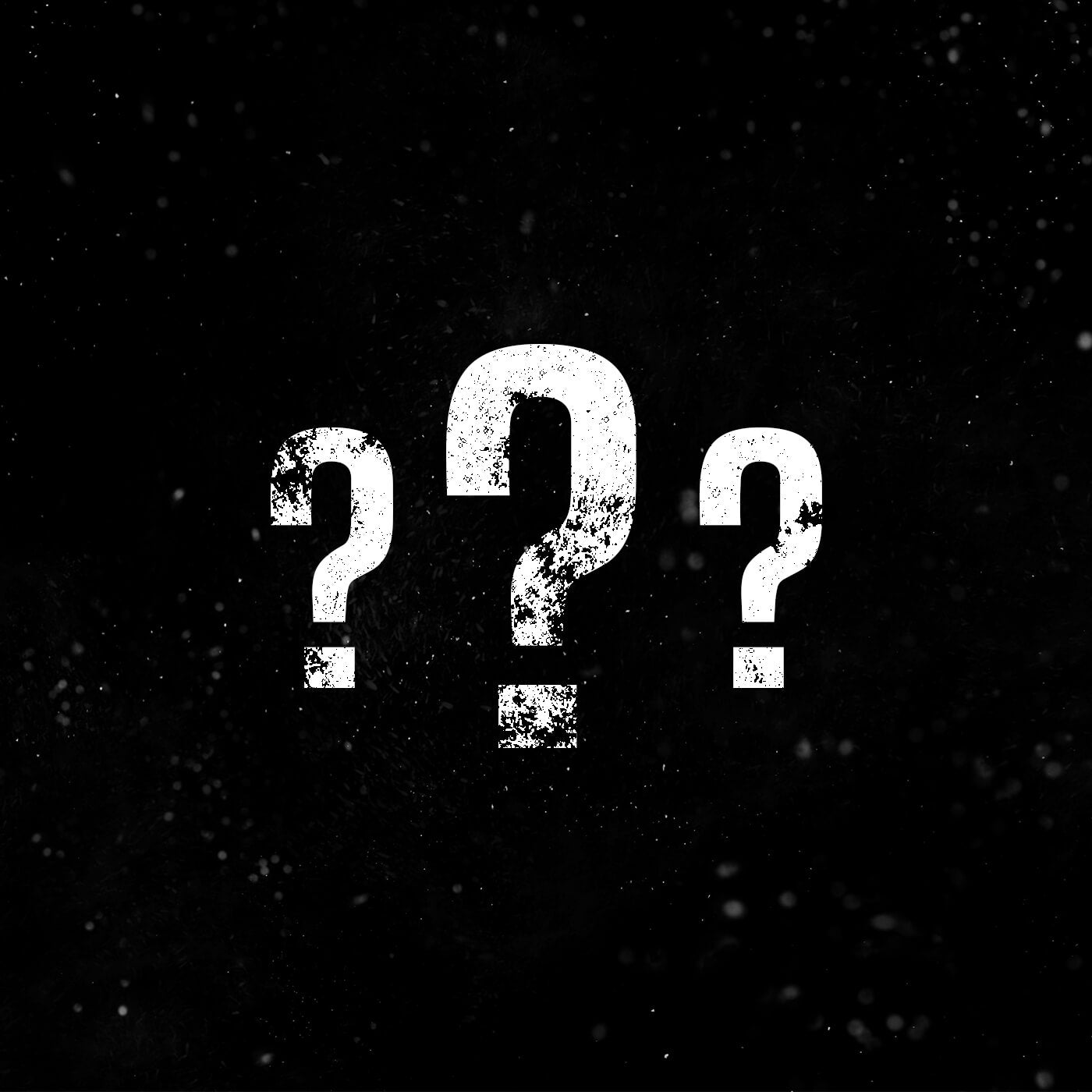 Three white question marks on black background
