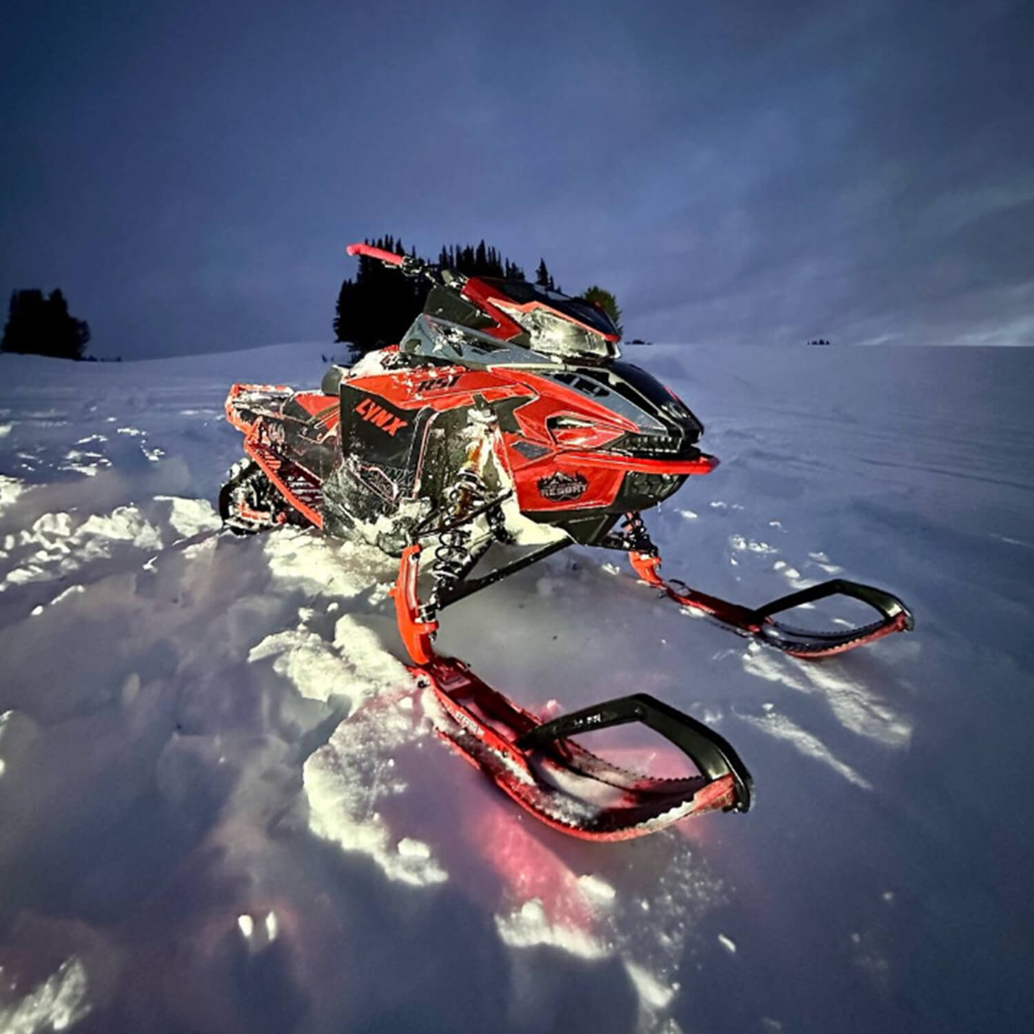 Cooper Tyson/Montana Sledder backcountry snowmobile with custom red and black C&A Pro BX mountain skis