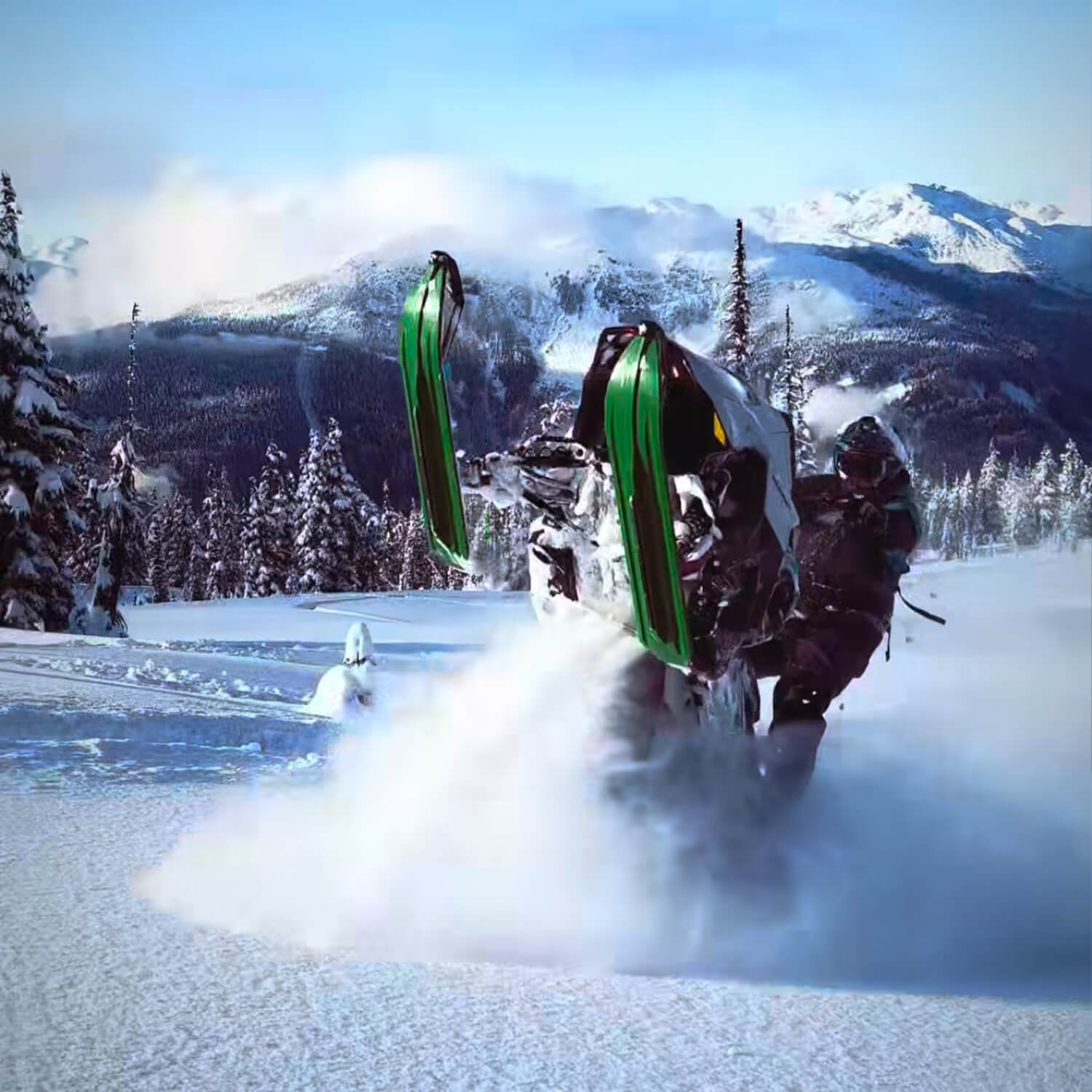 Professional backcountry snowmobiler Andy Messner doing a wheelie on a snowmobile with green C&A Pro skis