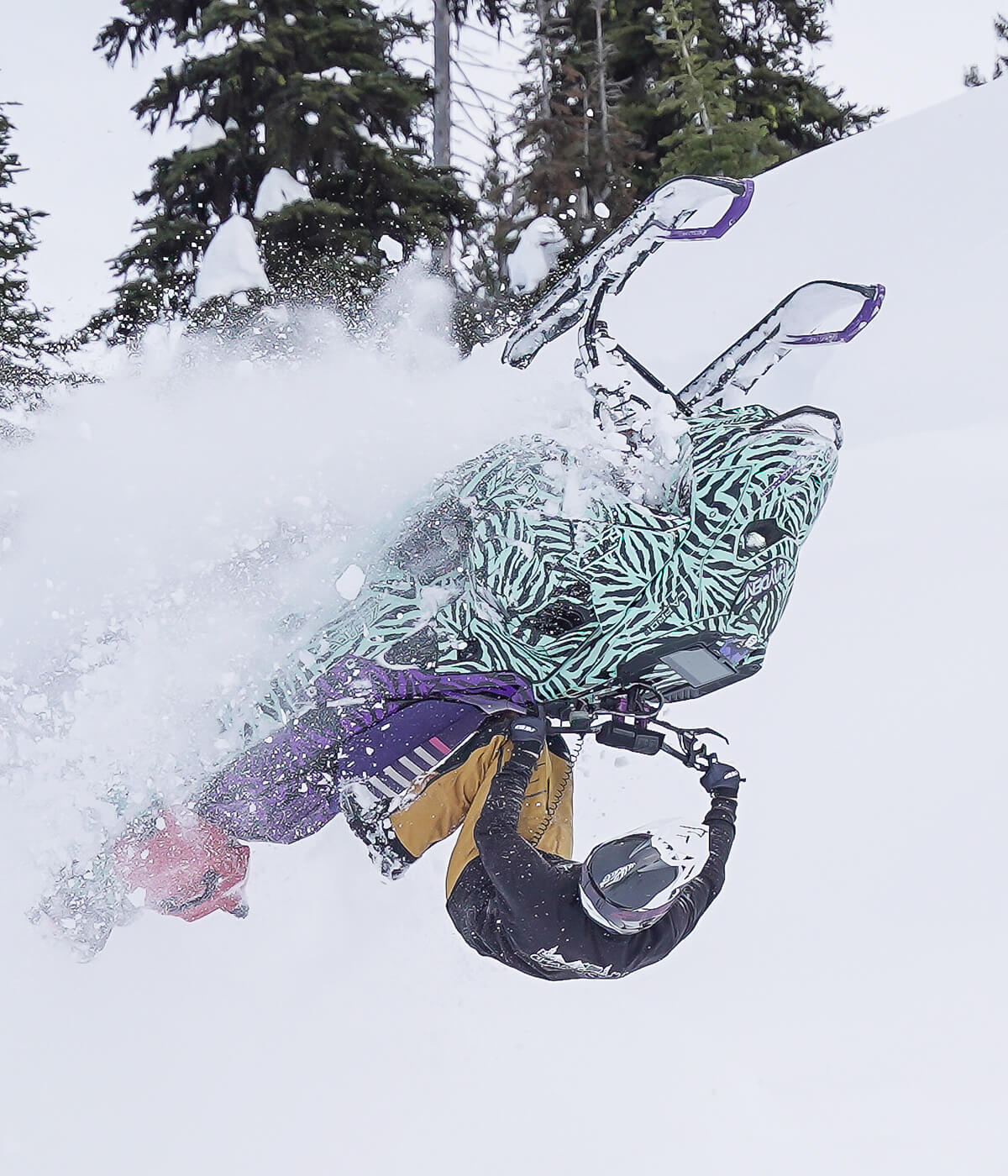 C&A Pro backcountry rider Hayden Throop doing a flip on a snowmobile in the mountains with black TMX mountain skis with purple handles