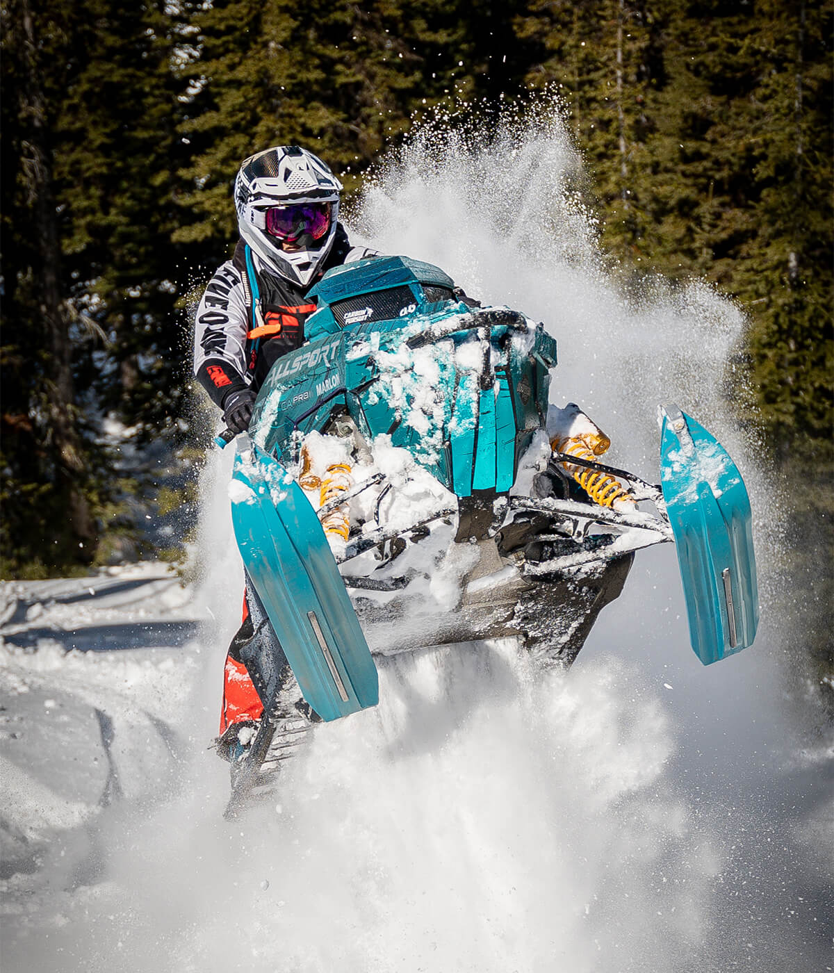 C&A Pro backcountry rider Scott Eyer on a snowmobile in the mountains with Sky Blue TMX mountain skis with gray handles