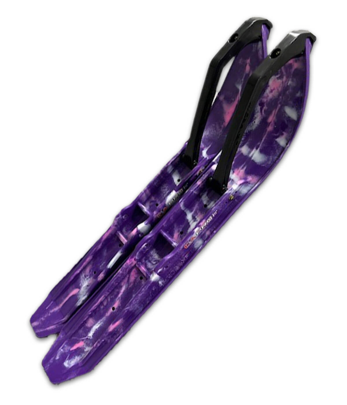 Custom purple XPT skis with white and purple accents and black handles