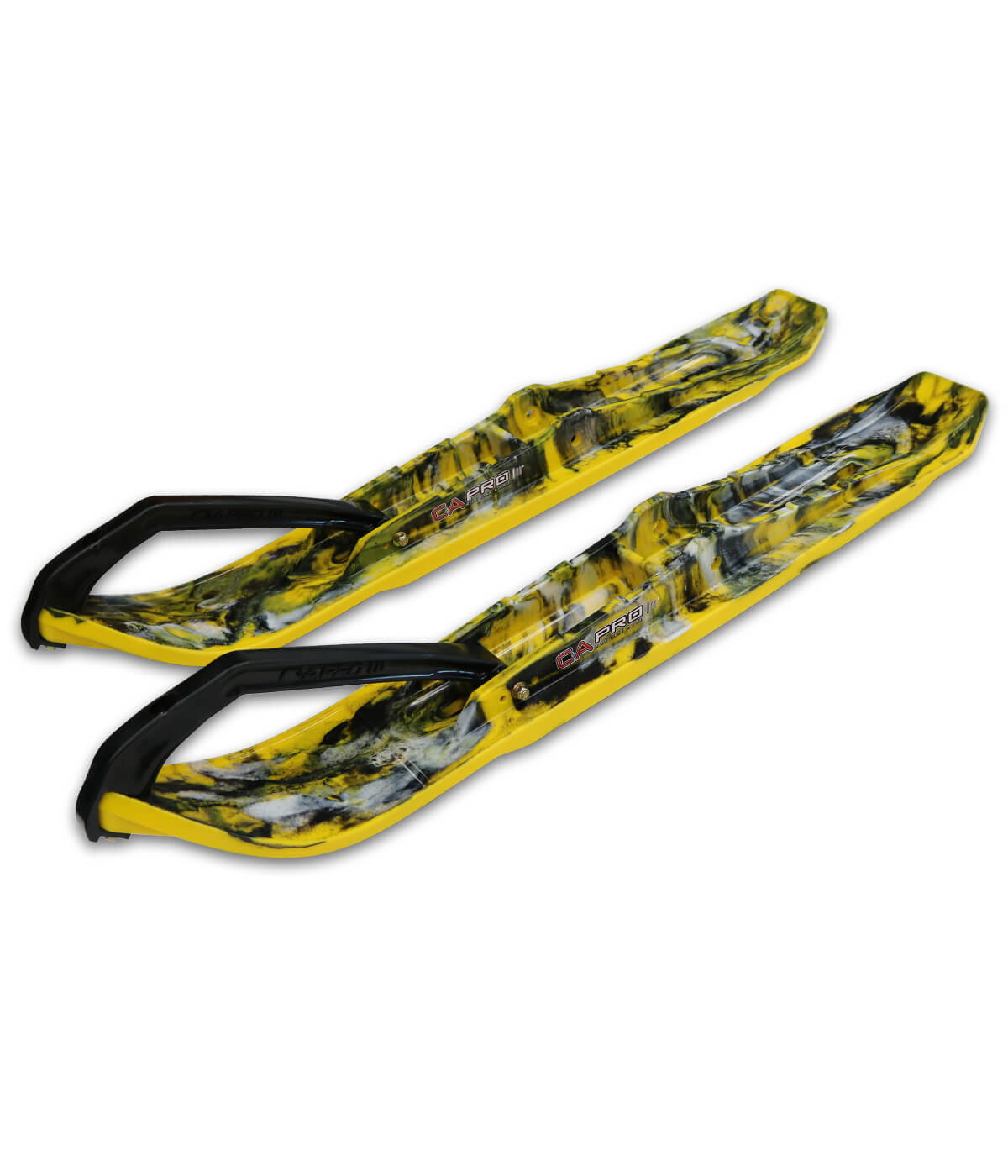 Custom yellow XPT skis with black and white accents and black handles